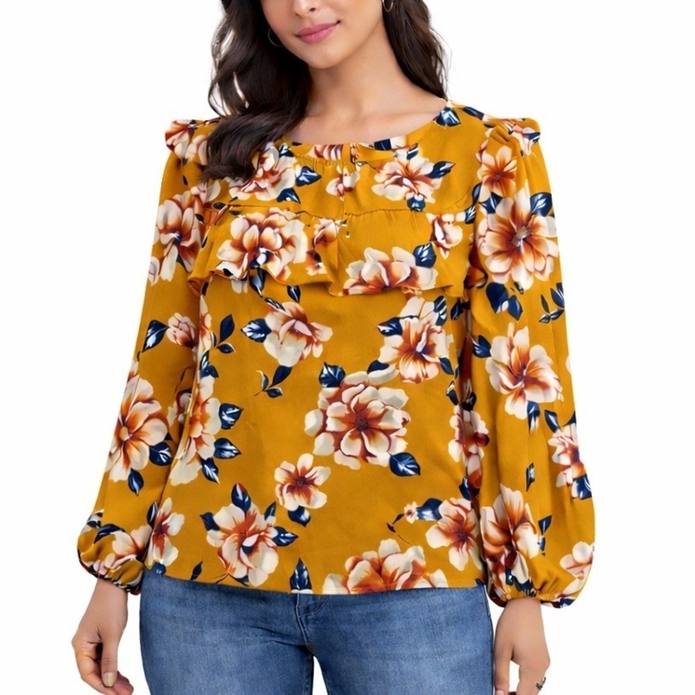 W5 Mustard Floral Blouse Size Medium Long Sleeve Lightweight Top